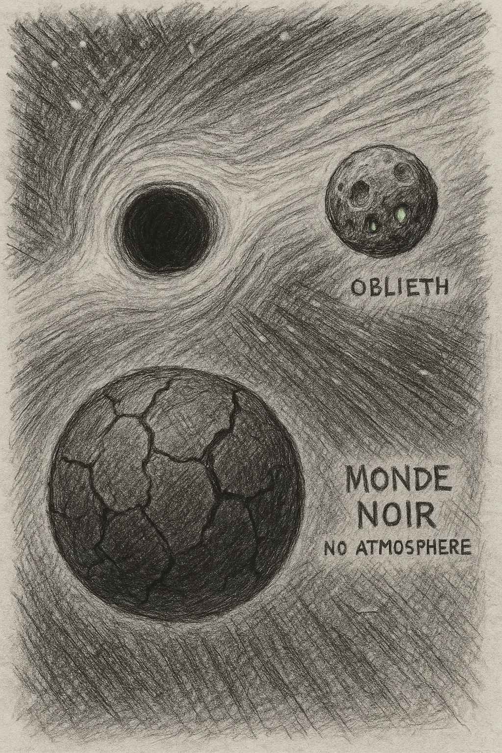 hand drawn map of dark back ward -“A dark cosmic region orbiting a massive black hole. No sunlight. A dead solar system with twisted planets and moons circling in silence. Monde Noir looms in the foreground — a cracked, obsidian planet with no atmosphere. Its moon, Oblieth, floats nearby, scarred and pitted, with faint green lights glowing from within cave openings. Stars are distorted and streaked by gravitational lensing. The entire scene is heavy, quiet, and surreal.” emoji