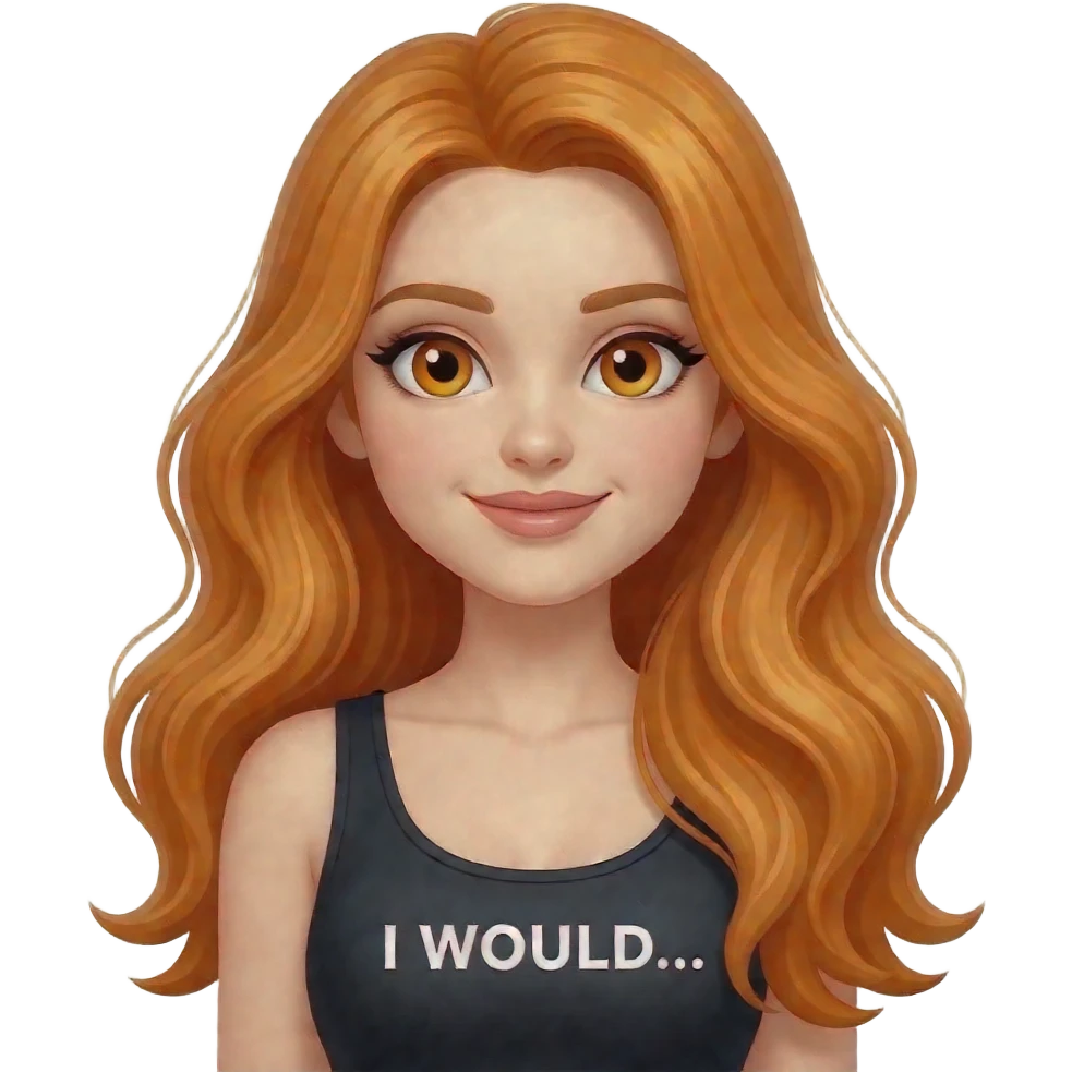 sexy girl with overlong ginger hair and ginger eyes a top with I WOULD... written on it emoji
