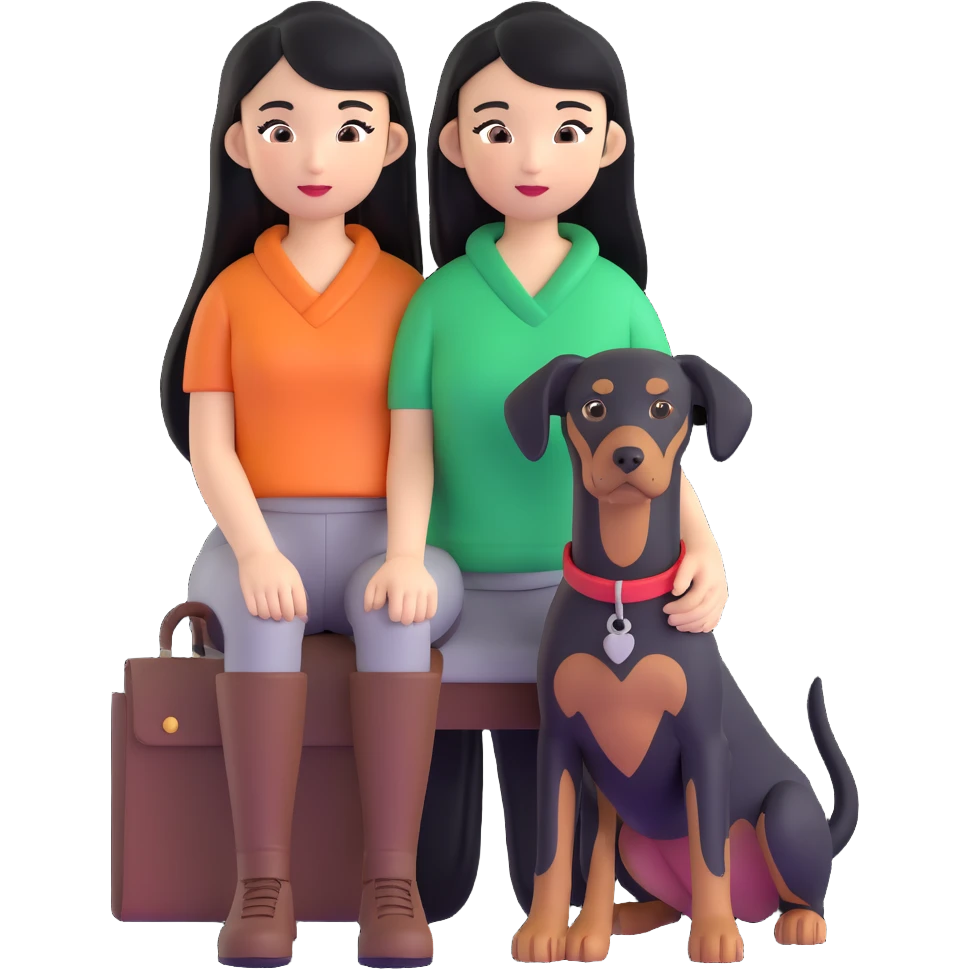 A long black hair Asian girl with a Doberman emoji