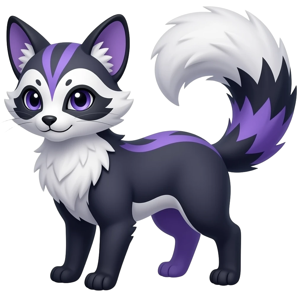 randomly marked smooth silky Asian fine furry neat beautiful realistic indigo and violet-purple and black and white Civet-Mankeulv-Genet-Vernid-Fakémon-hybrid emoji