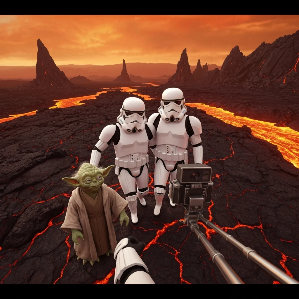 Camera POV, Starwars stormtroopers vlogging selfie, he is walking on lava planet with yoda emoji
