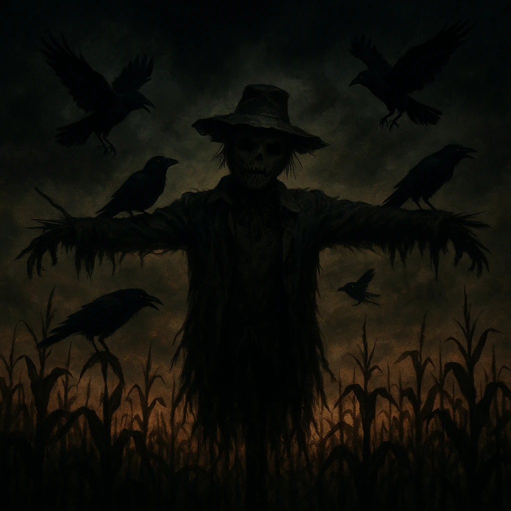 creepy banner, scarecrow in a cornfield at dusk, crows, ominous sky, horror movie style emoji