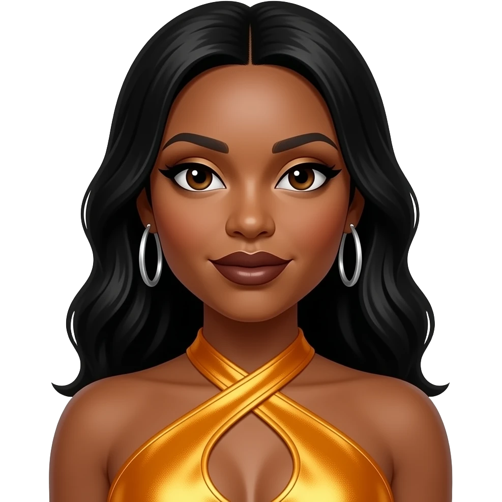 Rozonda Chilli Thomas from TLC with dark brown eyes, long black hair, gold eyeshadow, dark brown lipstick, yellow-orange metallic halter dress, silver earrings emoji