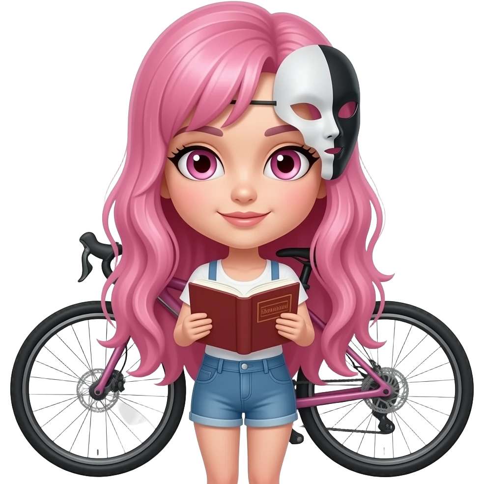 sexy girl with long pink hair and pink eyes holding a BOOKTOK BIKETOK MASKTOK emoji