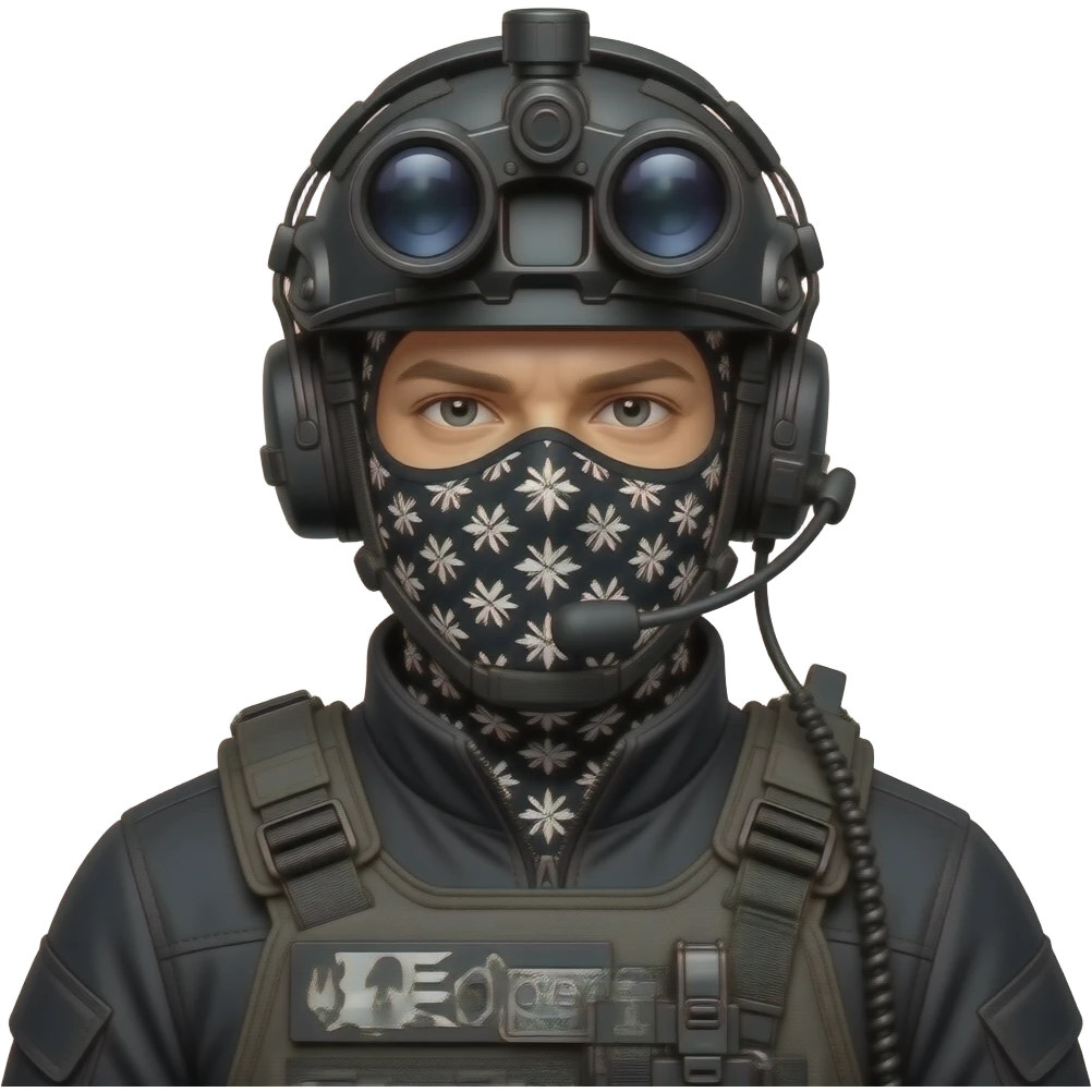 man wearing a black special tactics medical force outfit and a black COMBAT BOOTS PLATEface total painted black and a black and white patterned balaclava and wears a headset and a big black night vision device on his headtop with a helmet and a mask emoji