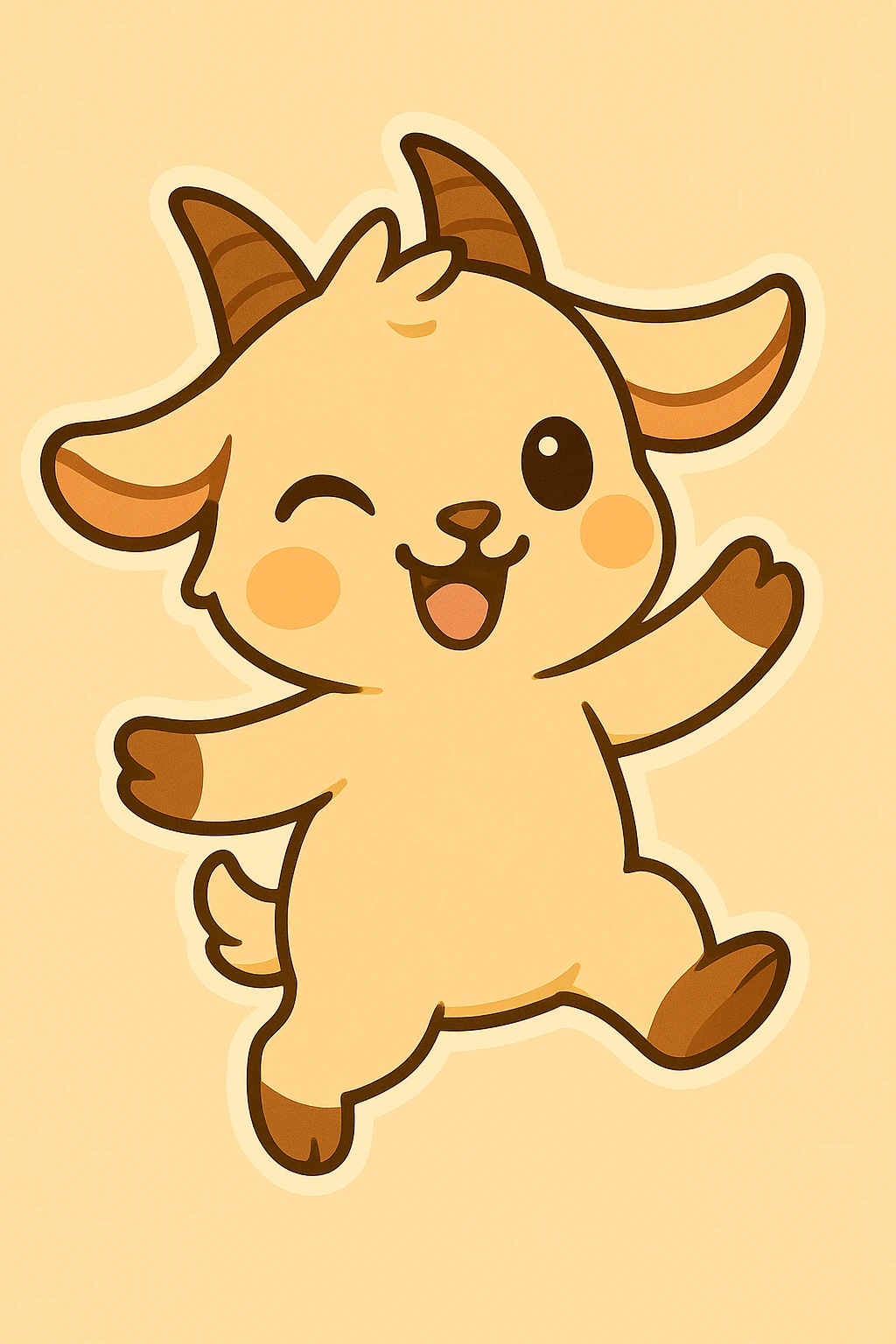 Chibi goat, winking and dancing, both legs bent as if jumping, arms up, joyful expression, animation frame 4, same style and background as reference. emoji