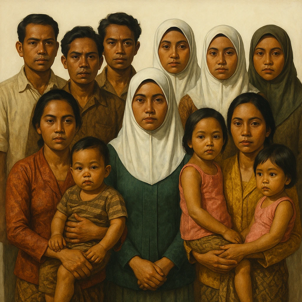 Сгенерируй мне группу людей которая стоит и смотрим прямо, только все они будут индонезийцы из 20 века, в стиле реалистичной живописи, ярко. На однородном белом фоне. У некоторых девушек на руках ребенок, и некоторые девушке в платке мусульманском белом. КОЖА ОБЯЗАТЕЛЬНО СМУГЛАЯ а волосы у всех черные emoji