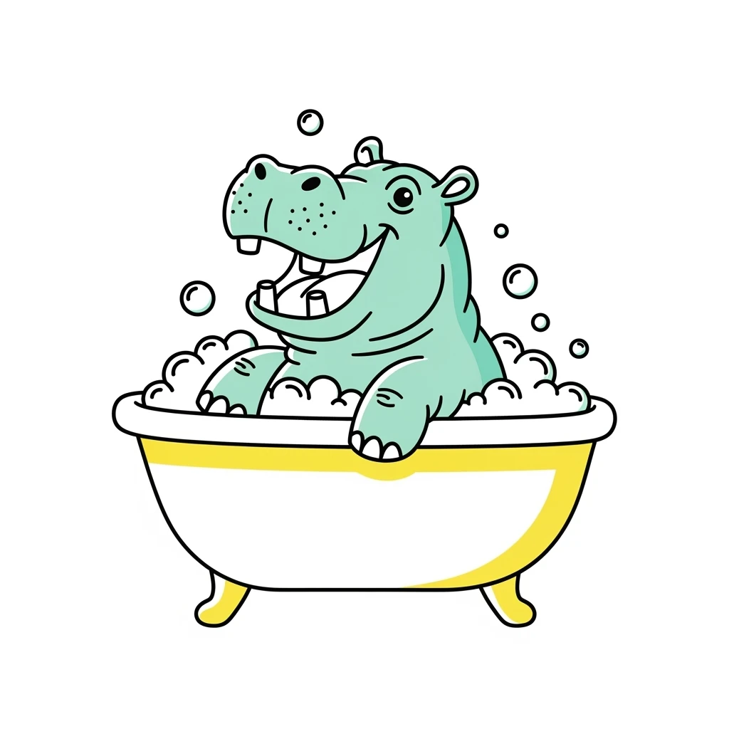 vector art with outline of happy hippo with bubbles in bathtub emoji