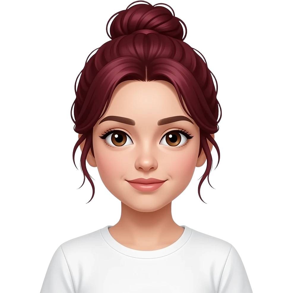 güzel perçemleri olan düz saçlı saçı topuz olsun ama dağınık bir topuzkoyu kızıl renkte ama koyu bi kızıl çilli kahverengi gözlü güzel kirpikli bembeyaz tenli bir kız beyaz tshirt giysin giysin emoji