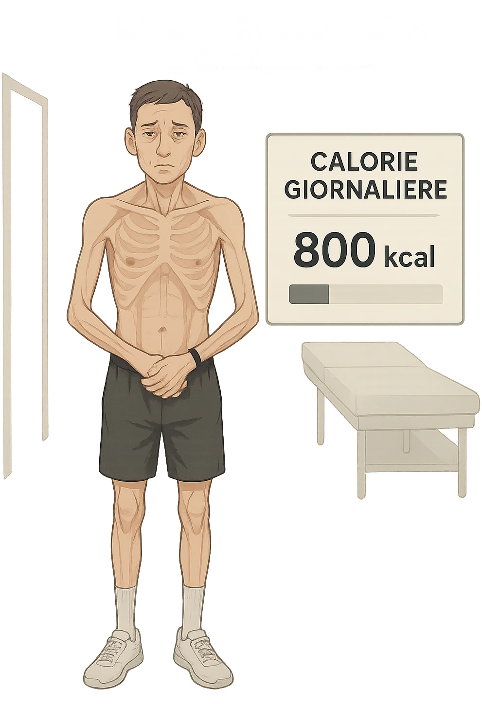 a lean man stands in a clinical setting, with a semi-transparent overlay showing reduced muscle mass and minimal fat stores. His expression is slightly fatigued, and a digital chart beside him displays a low daily calorie intake. The background is clean and modern, emphasizing the effects of a low-calorie diet. con scritte in italiano emoji
