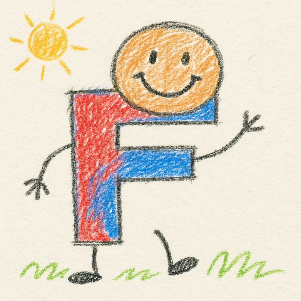 The letter F designed as a cheerful character, with bright colors and a whimsical, animated look, perfect for an ABC fun theme. emoji
