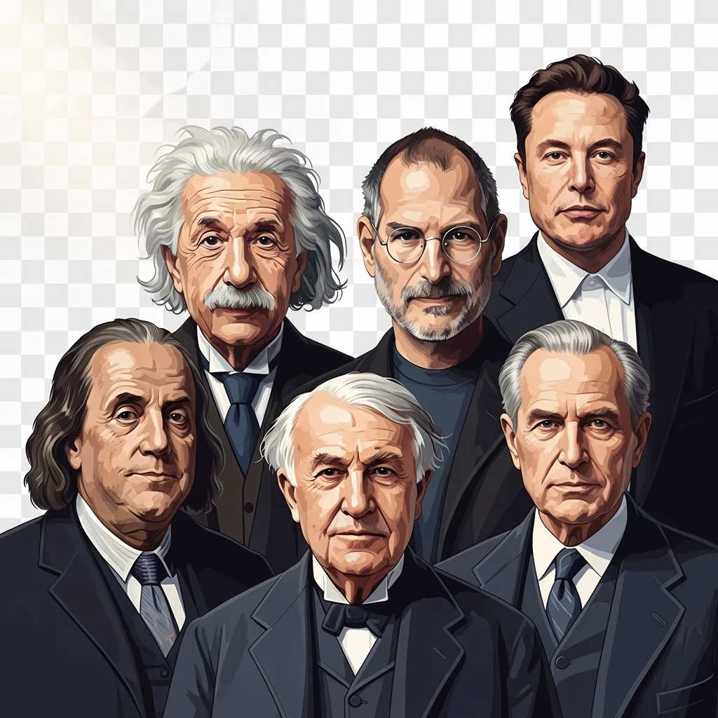 Generate in realistic style Franklin, Edison, Ford in the first row, Einstein, Jobs and Musk in the second behind them. png on transparent background emoji