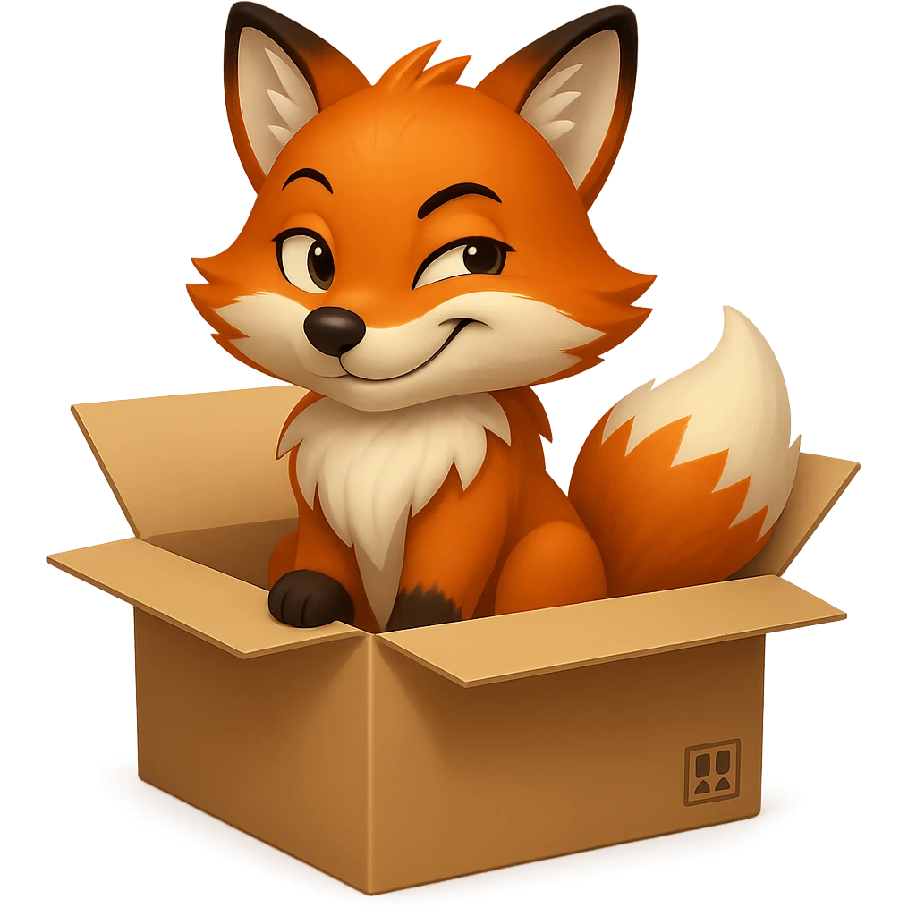 Change the fox's emotion to a more playful and cunning expression, keep it sitting in the box looking up, in emoji style. emoji
