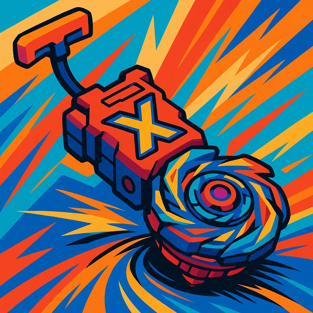 Beyblade X launcher, dynamic, vibrant colors, energetic, toy design emoji