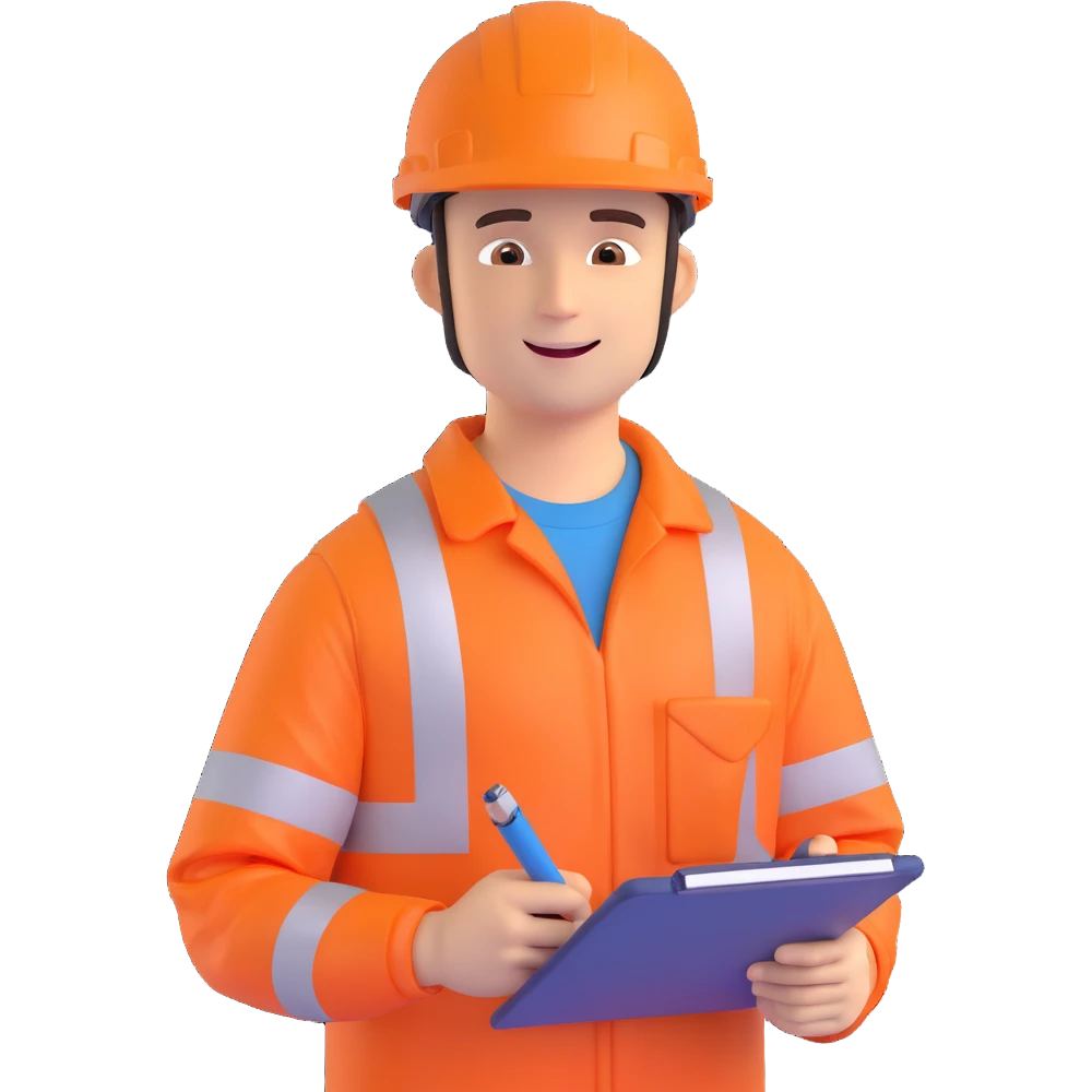 cheerful man in orange safety gear and helmet, holding a clipboard, with a welcoming expression emoji