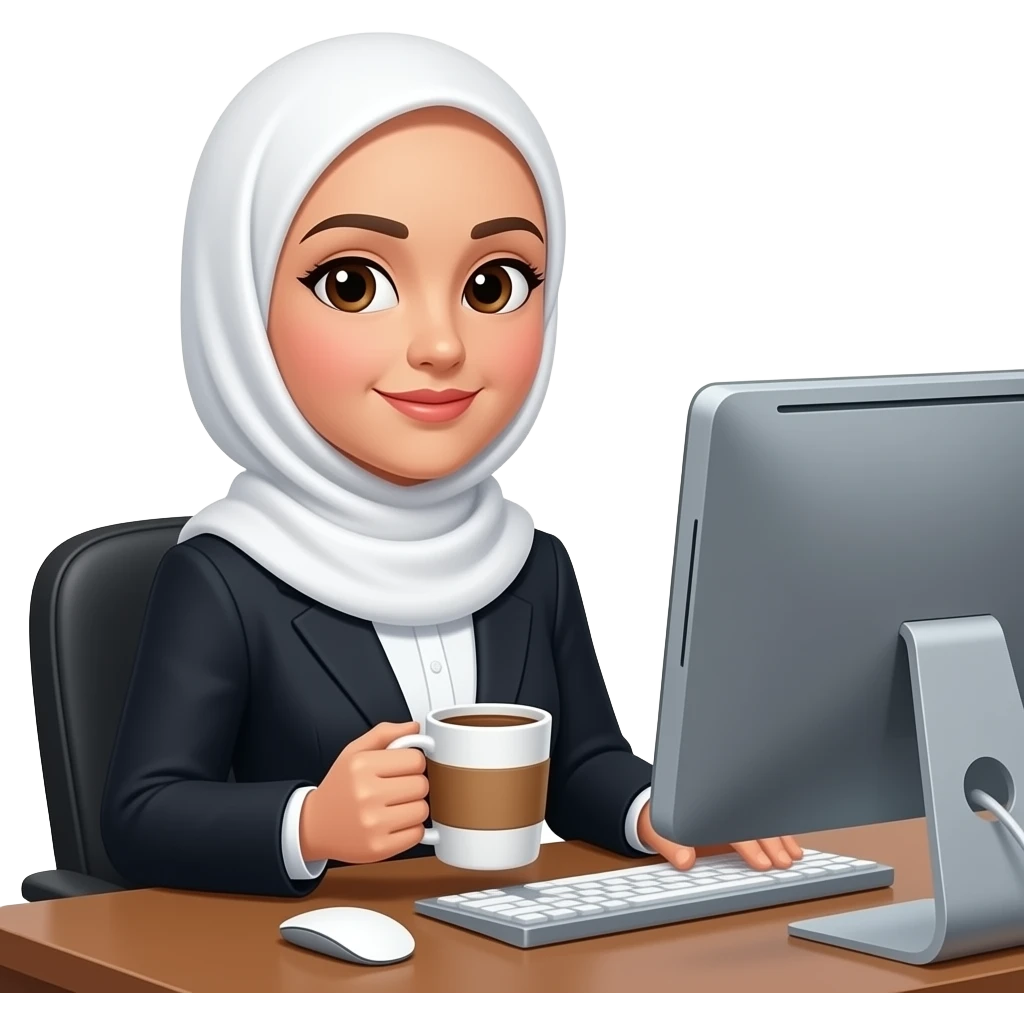 Secretary women with white hijab lack hair computer and drinking coffee emoji