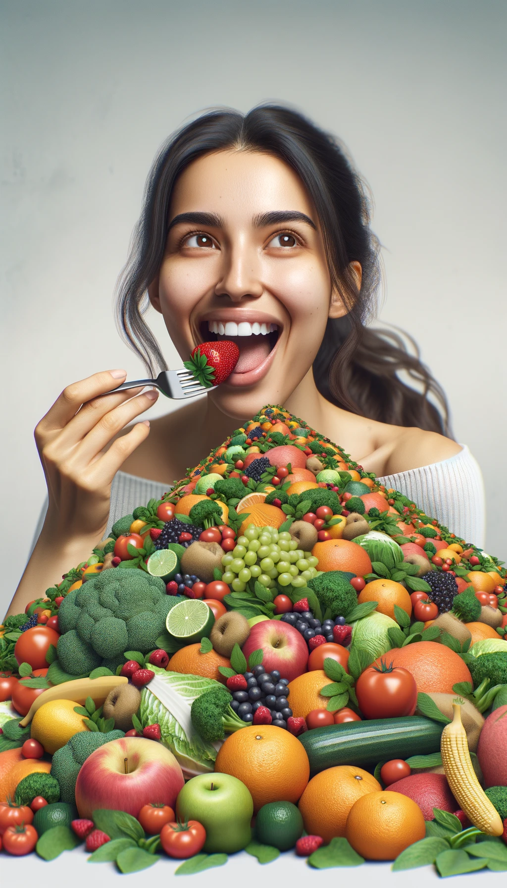 donna che mangia una montagna di frutta e verdura, SFONDO molto CHIARO NEUTRO, colori realistici, iperrealistico 4k emoji