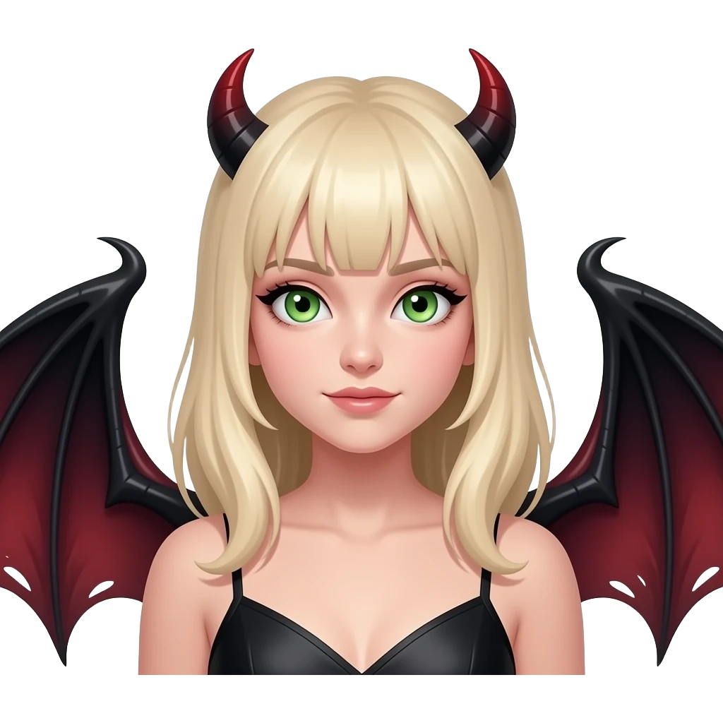 Make an emoji of a pretty, green eyes, blond hair (no bangs) white girl with an angel halo, but devilish and dark everywhere else with dragon wings emoji