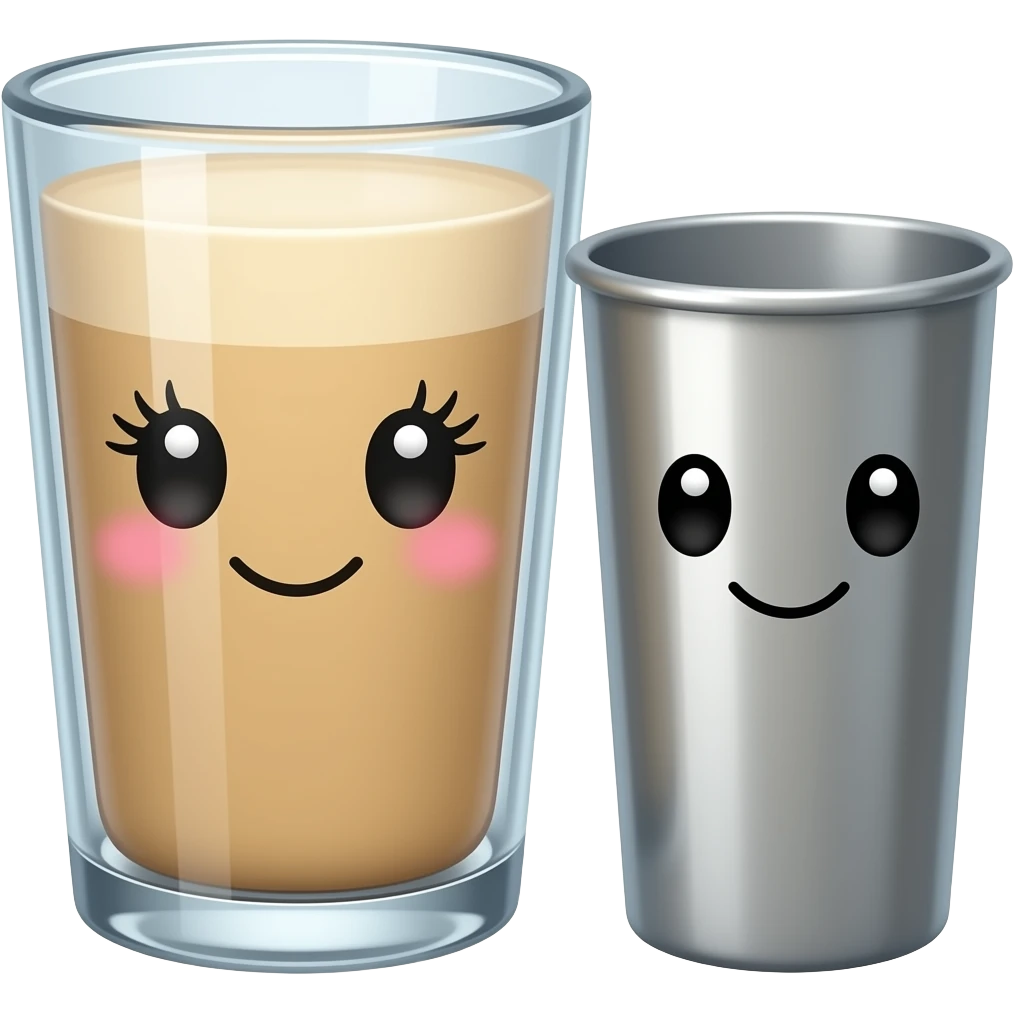 Fat glass cup with a cute face with eyelashes next to slim metal cup with a cute face without eyelashes emoji