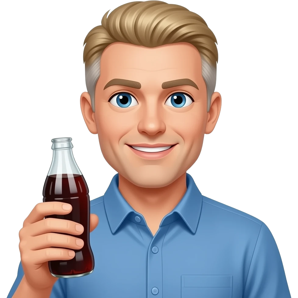 show me a pale white man in a blue button down shirt-- clean shaven -with blond salt and pepper hair holding a soda emoji