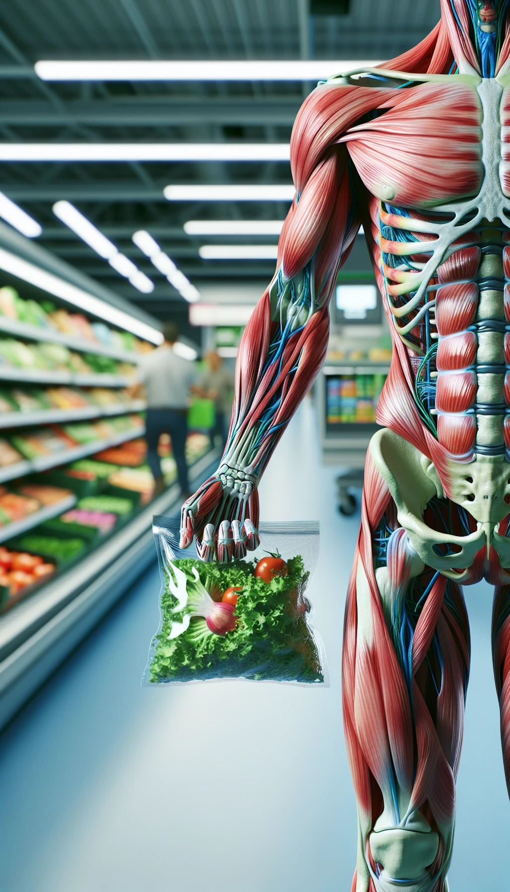 corpo umano anatomico in un supermercato che tiene in mano una busta di insalata di plastica preconfezionata, supermercato sfocato sullo sfondo emoji
