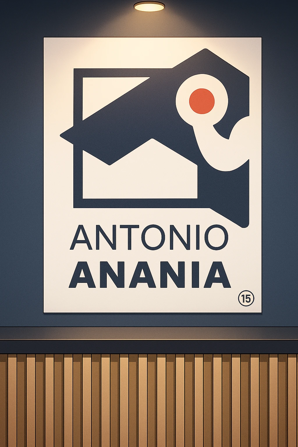su questo stile fai un manga/webtoon a colori in cui mostri quella parete dietro dello studio con il suo logo e la scritta "ANTONIO ANANIA" SOTTO IL LOGO, LUCE CHE ILLUMINA IL LOGO emoji