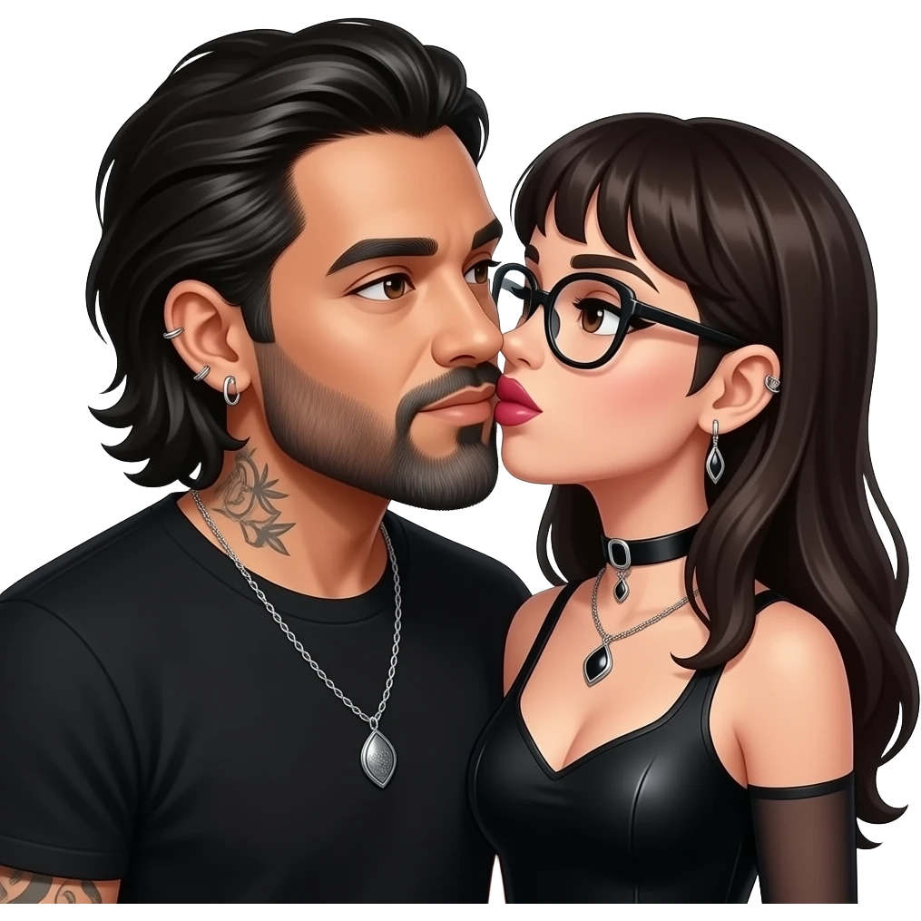 The handsome manly Latino podcast host with medium length hair, a long slightly graying beard and tattoos with his ears pierced 1 time each ear and a nose ring on the right side, dark brown eyes, wearing black, and jewelry, kissing a semi gothic woman with oversized glasses emoji