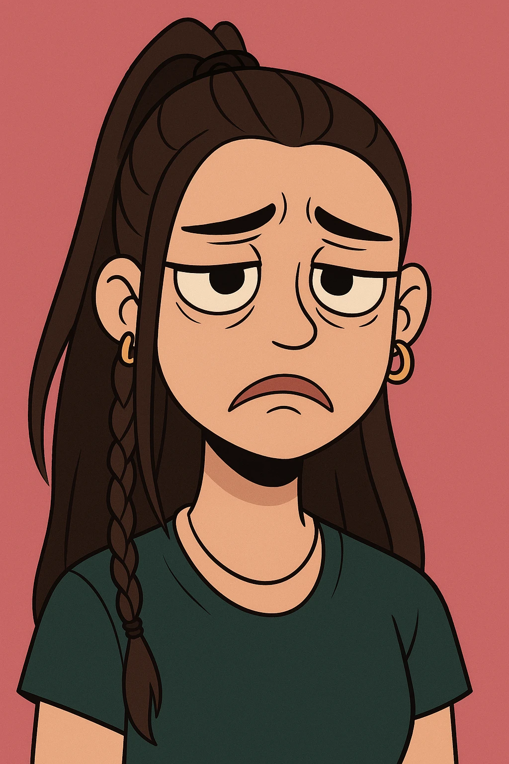 Create a cute and lively cartoon style face with a sad expression, keeping her unique features and hairstyle from the reference image. emoji