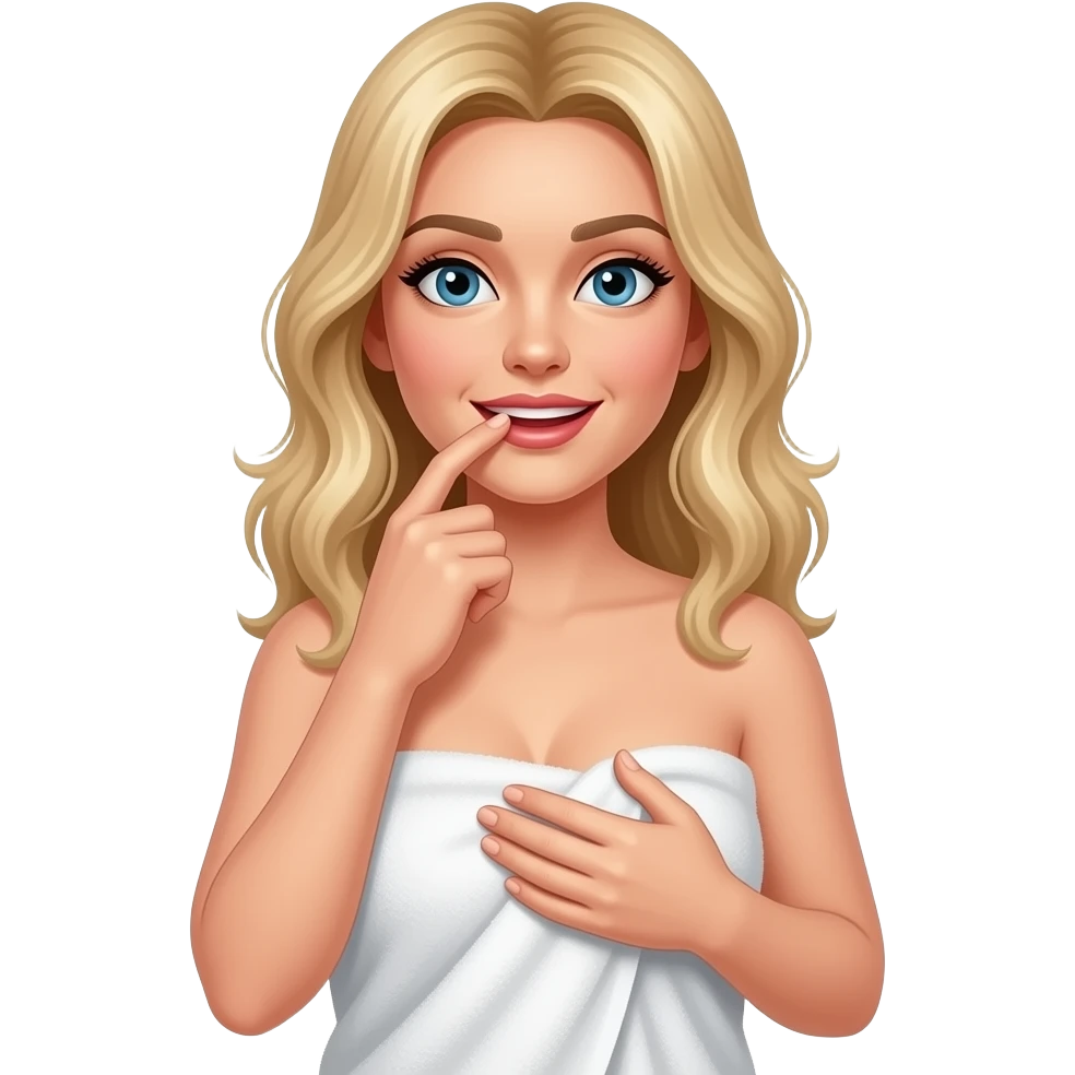 A blonde women with a towel wrapped around her waist. She is holding one breast with her left hand. She is biting the finger on her right hand. emoji