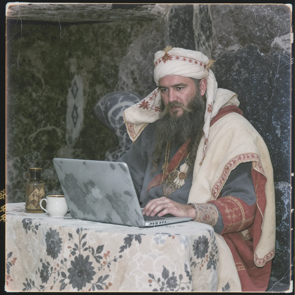 Old Slavic programmer with a stone laptop, wearing traditional Slavic clothing, polaroid photo style emoji