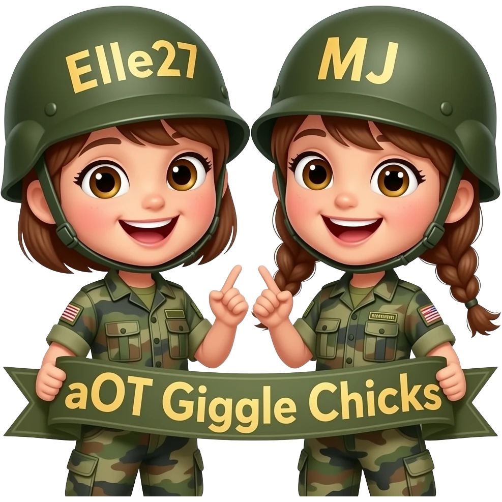 2 girl minions giggleing wearing army fatigue text aOT Giggle Chicks on the banner Elle27 on 1 helmet MJ on the other helmet emoji