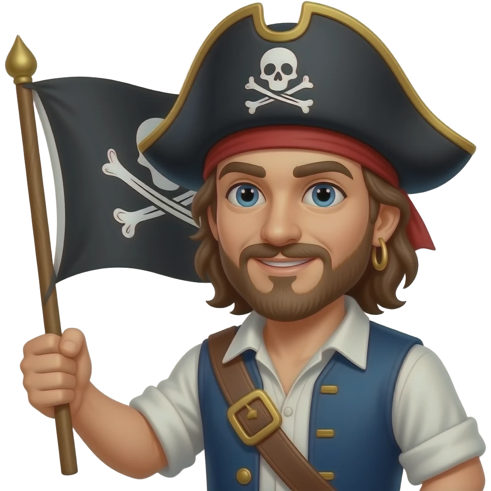 Un homme avec qui tient un drapeau de pirate emoji
