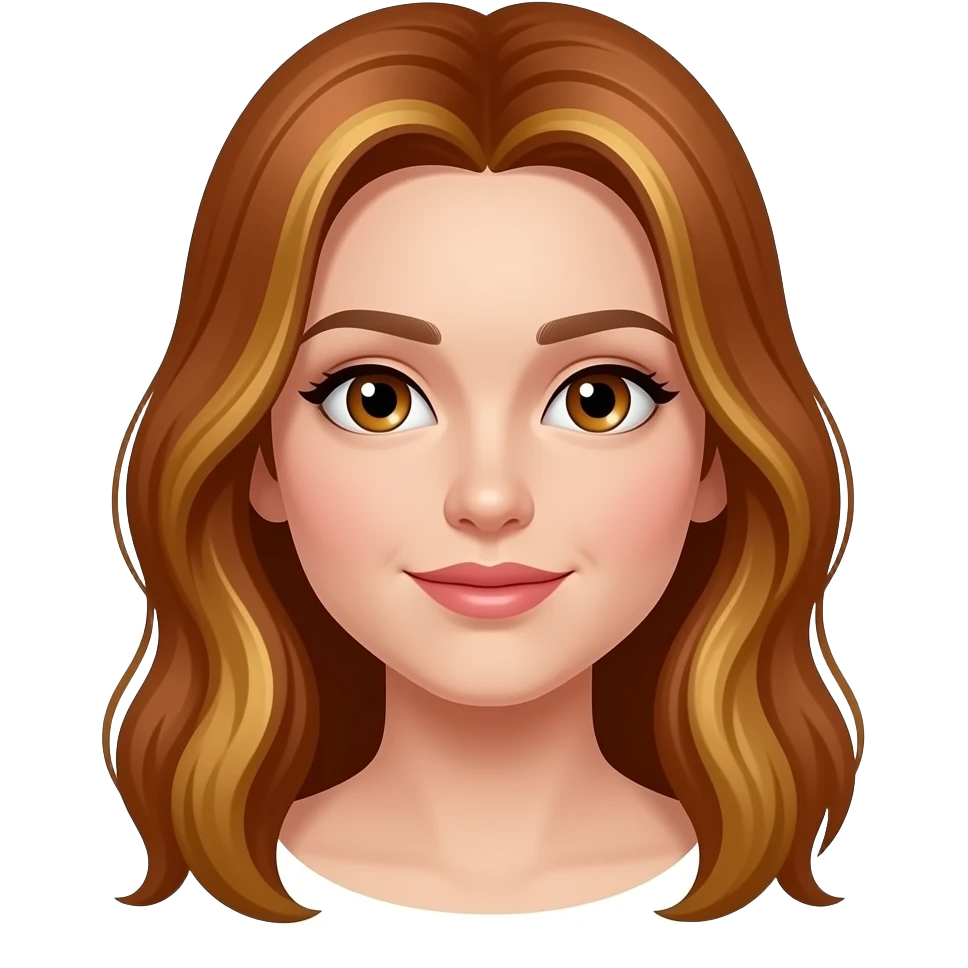 red brown add blond highlight long hair, hazel eyes, round face, lip mold emoji
