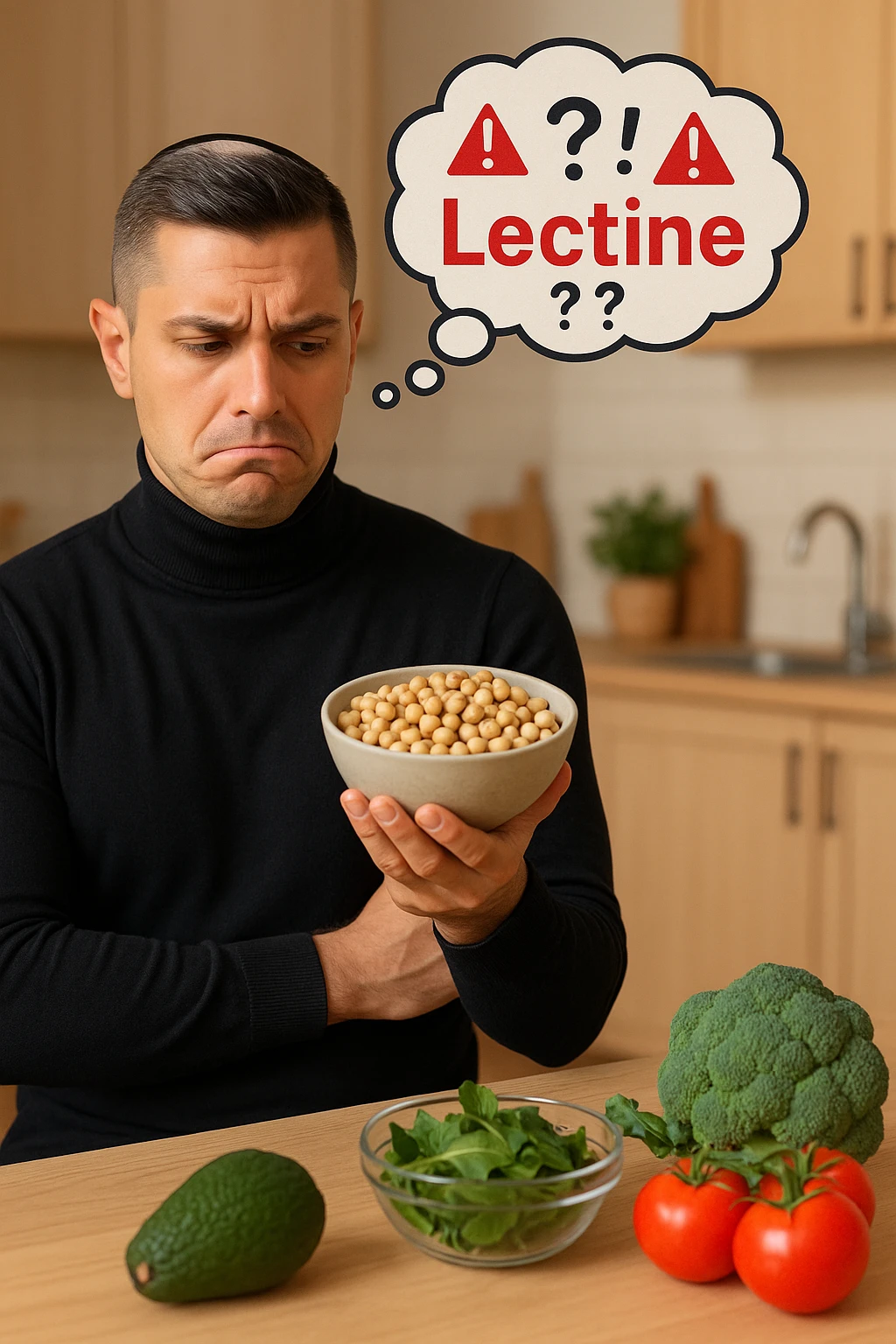 un uomo in cucina tiene in mano una ciotola di legumi (come fagioli o ceci) e li osserva con un’espressione dubbiosa e leggermente preoccupata. Sopra la ciotola, una nuvoletta di pensiero mostra la parola “Lectine” evidenziata in rosso, insieme a simboli di allarme o punti interrogativi. Sullo sfondo, altri alimenti salutari sono visibili sul tavolo, sottolineando il suo scetticismo verso i legumi. emoji