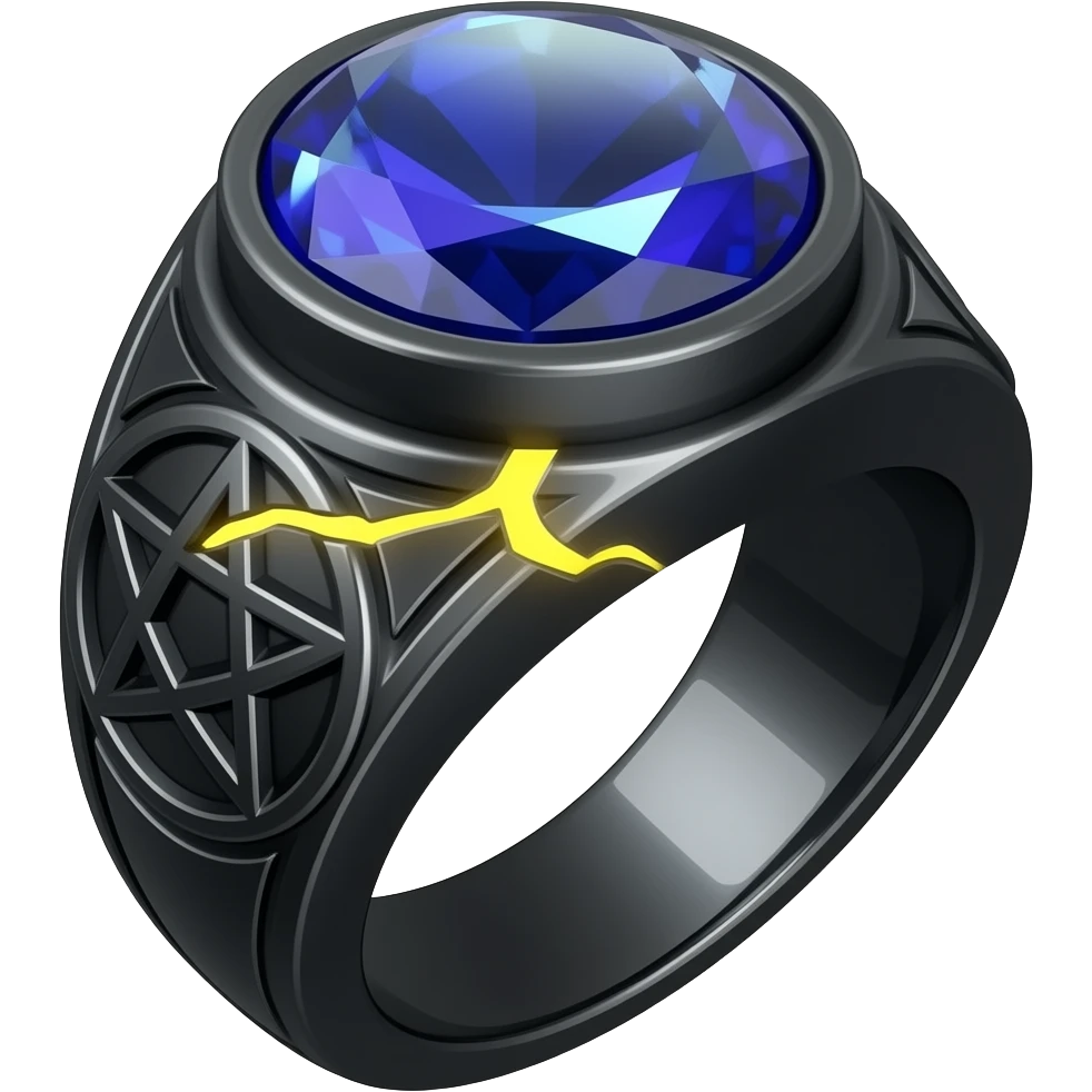 A obsidian ring with a BIG blue gem, that has a pentacle carved into it, and a crack goin through it glowing yellow emoji