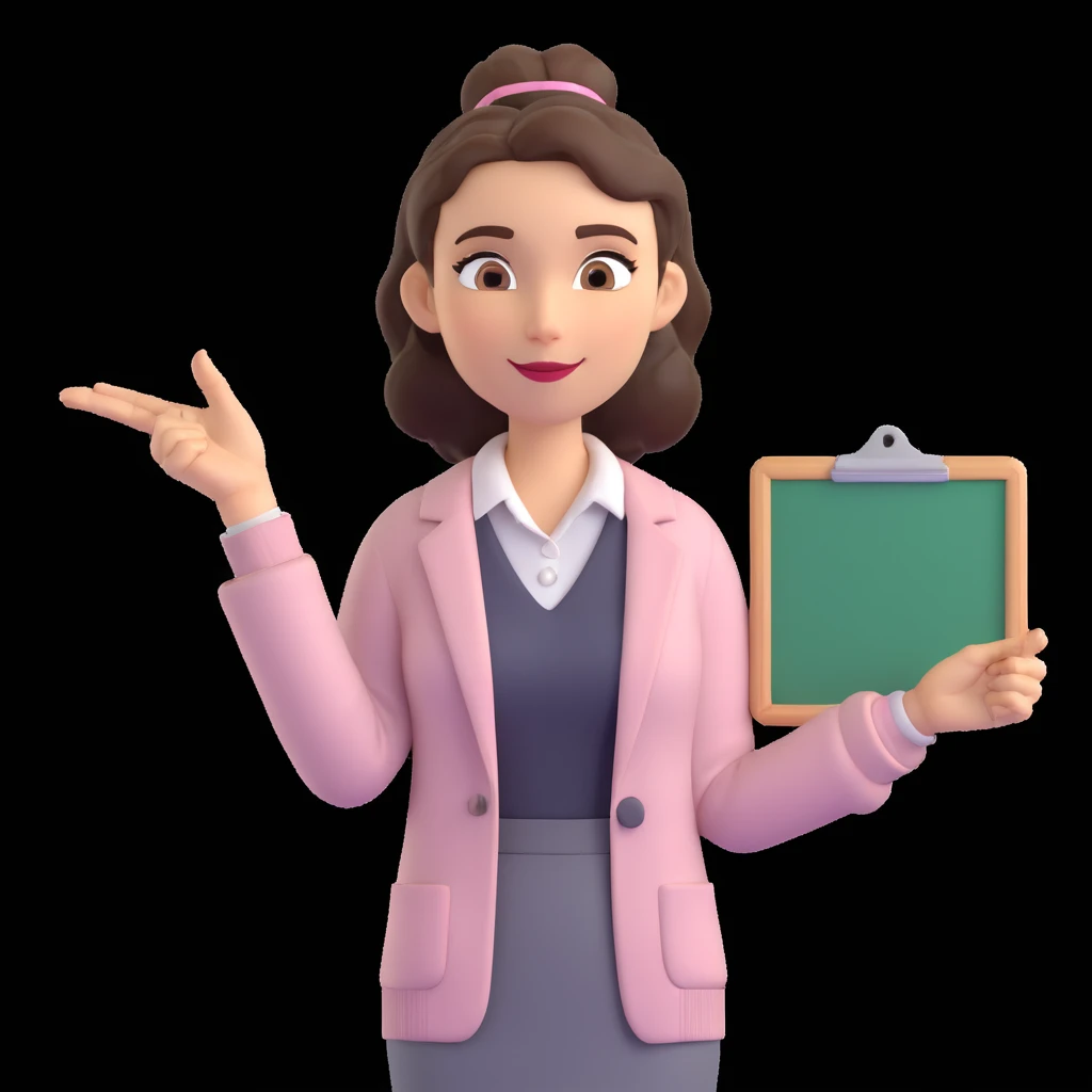 Friendly 3D cartoon female character, medium-length hair in bun or waves, expressive eyebrows, cheerful and confident, light cardigan or blazer over pastel collared shirt, one hand holding whiteboard, other hand pointing sideways, professional and approachable, neutral indoor background emoji