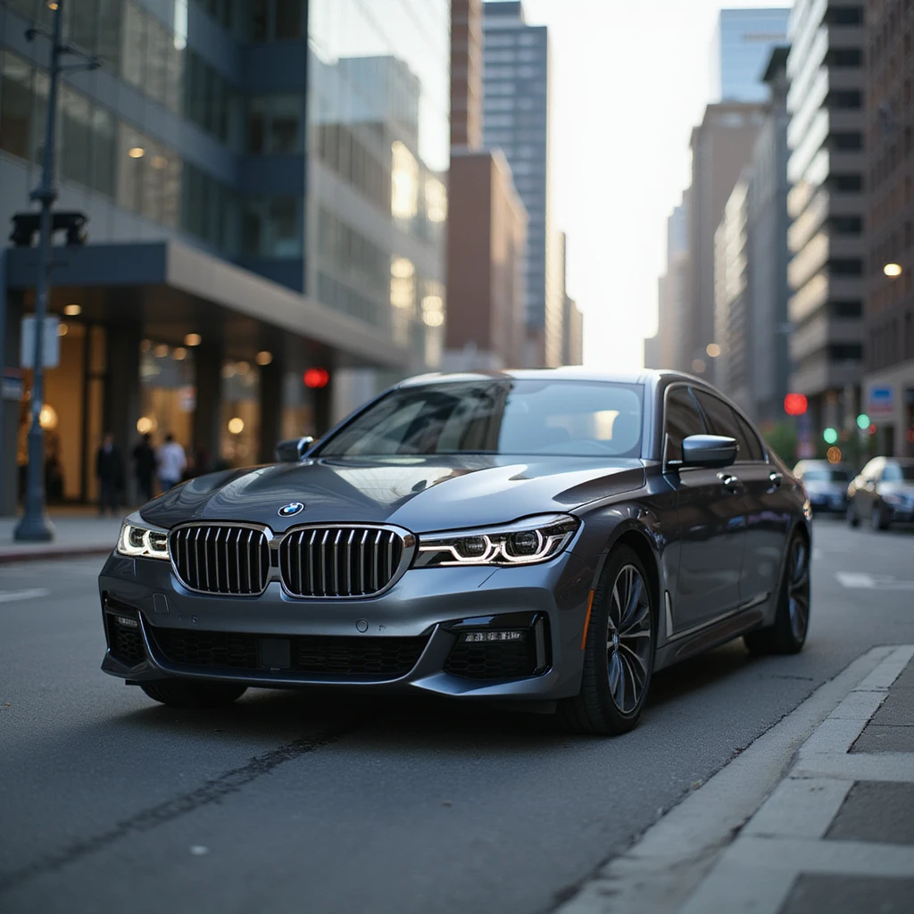 realistic BMW Series 7 2022 sedan in a modern city background, photorealistic style emoji