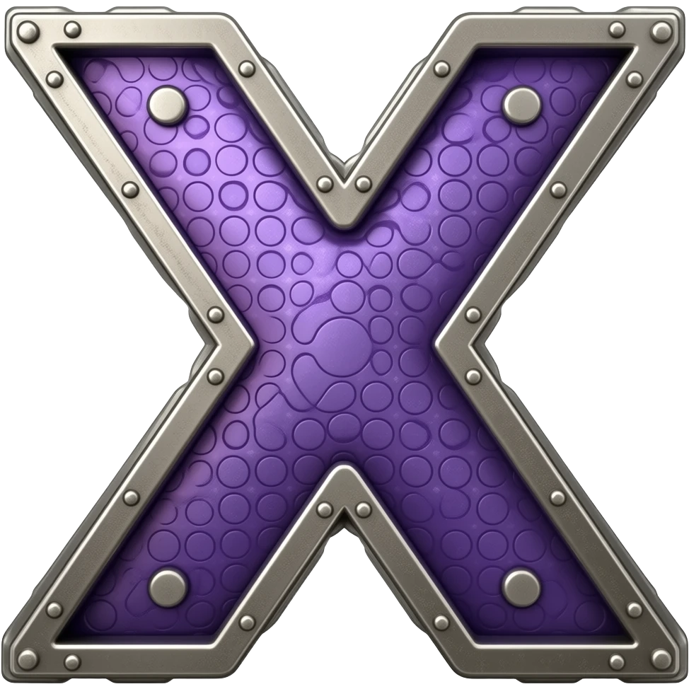 large three-dimensional X sign in purple-metallic color, steampunk style emoji