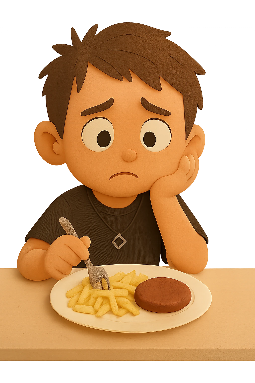 now looks slightly worried. He was told that if he doesn’t eat protein, he might not grow up. He sits at the same table, looking at the meat patty with concern, his expression a mix of hesitation and fear emoji