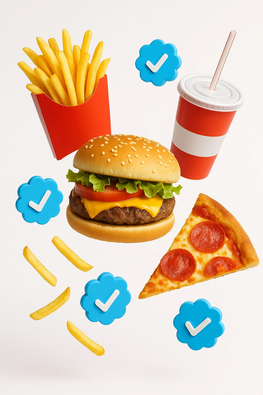 fast food realistico fluttua in aria insieme a spunte di verificato in 3d, sfondo bianco emoji
