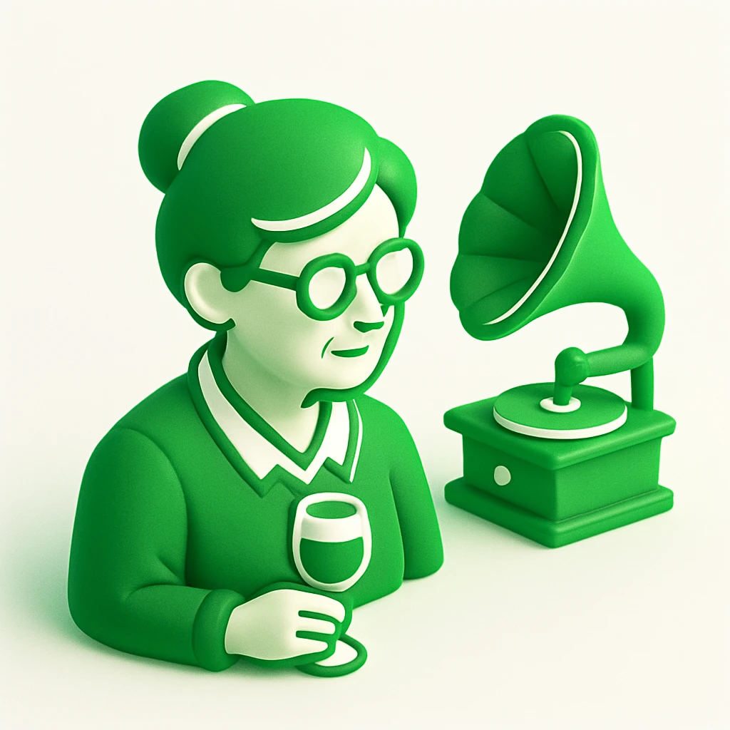 old lady with wineglass listening to gramophone emoji