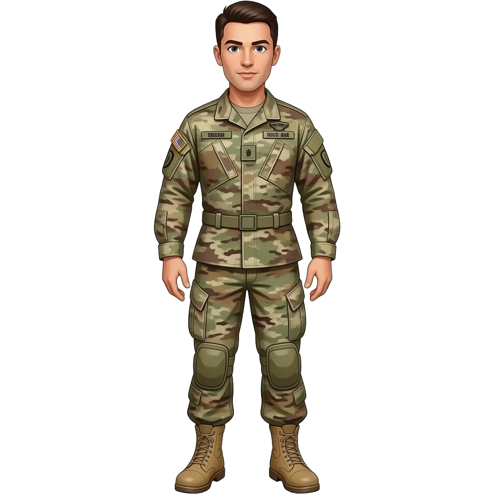 Caucasian man airman battle uniform and tan combat boots full body emoji