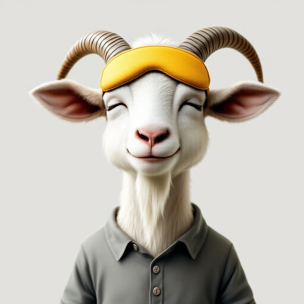 a goat with yellow sleep mask and wearing shirt, front view,  Frontal Top-Down Soft Light, white background, portrait, casual cartoon stylized emoji
