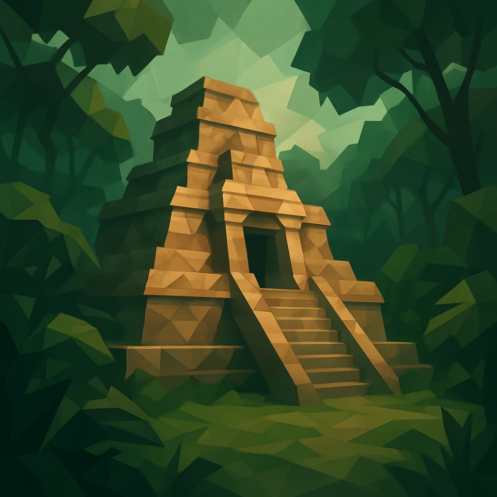a mysterious ancient temple in the jungle, stylized illustration emoji