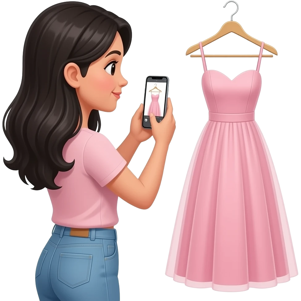 elegant black hair women taking photo with her iphone to a hanging dress emoji