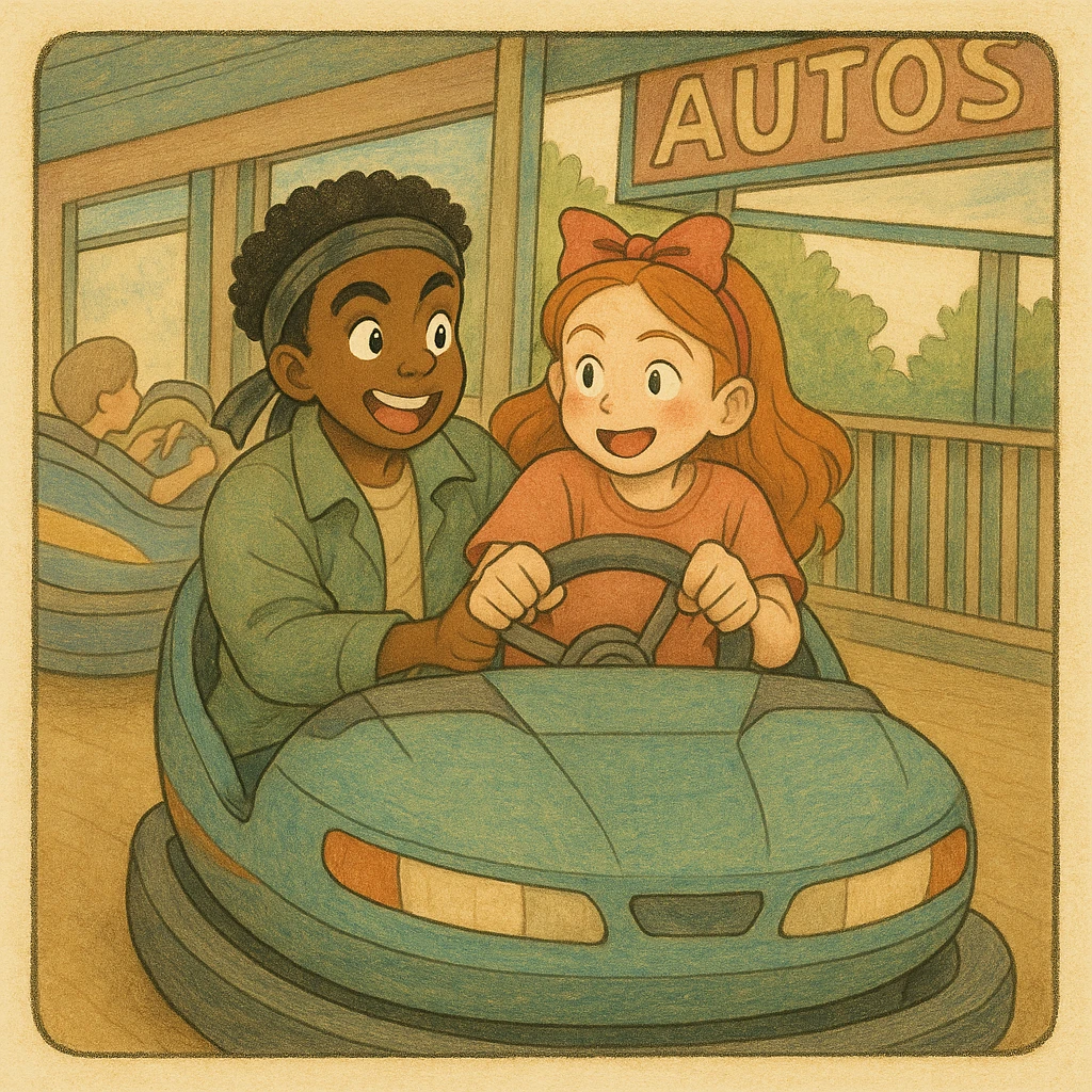 Replace the boy with the character Lucas from Stranger Things: short hair, dark skin, headband, animated expression. Replace the girl with the character Max: red hair, fun expression, casual clothes. Both characters in delicate Ghibli style with dark, thick contours and pastel color tones. Keep the bumper car scene as is, matching the previous examples in style and color. emoji