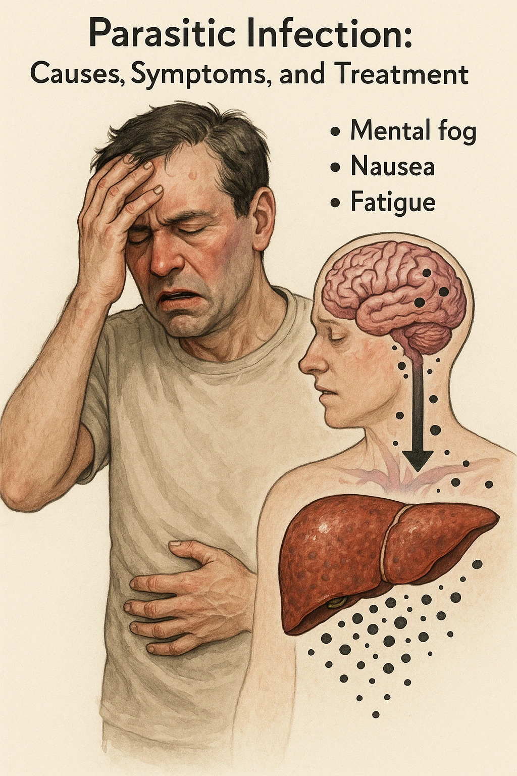 "Man feeling increasingly unwell as his liver fails to filter toxins, nausea, tiredness, and weakness overwhelming him as toxins infiltrate his brain causing confusion and irritability Parasitic Infection: Causes, Symptoms & Treatment, expression of mental fog and physical exhaustion, liver shown as overworked organ with reduced filtration capacity, toxic buildup affecting entire body systems" in italiano emoji