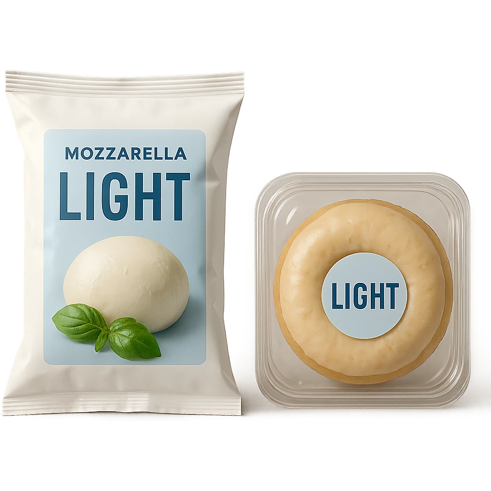 PACCHTTO DI MOZZARELLA LIGHT CON LA SCRITTA "LIGHT" SULLA CONFEZIONE, ACCANTO AD UN DONUT CONFEZIONATO CON LA SCRITTA "LIGHT" SULL'ETICHETTA,  iperrealistico 4k emoji