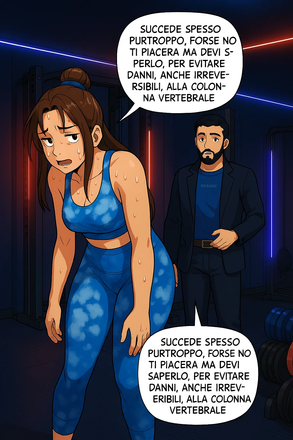 fai questa immagine in versione fumetto/manga/webtoon a colori, il manga mostra l'uomo che risponde alla donne:
Succede spesso purtroppo. 
Forse non ti piacerà ma devi saperlo, per evitare danni, anche irreversibili, alla colonna vertebrale e un potenziale intervento chirurgico. emoji