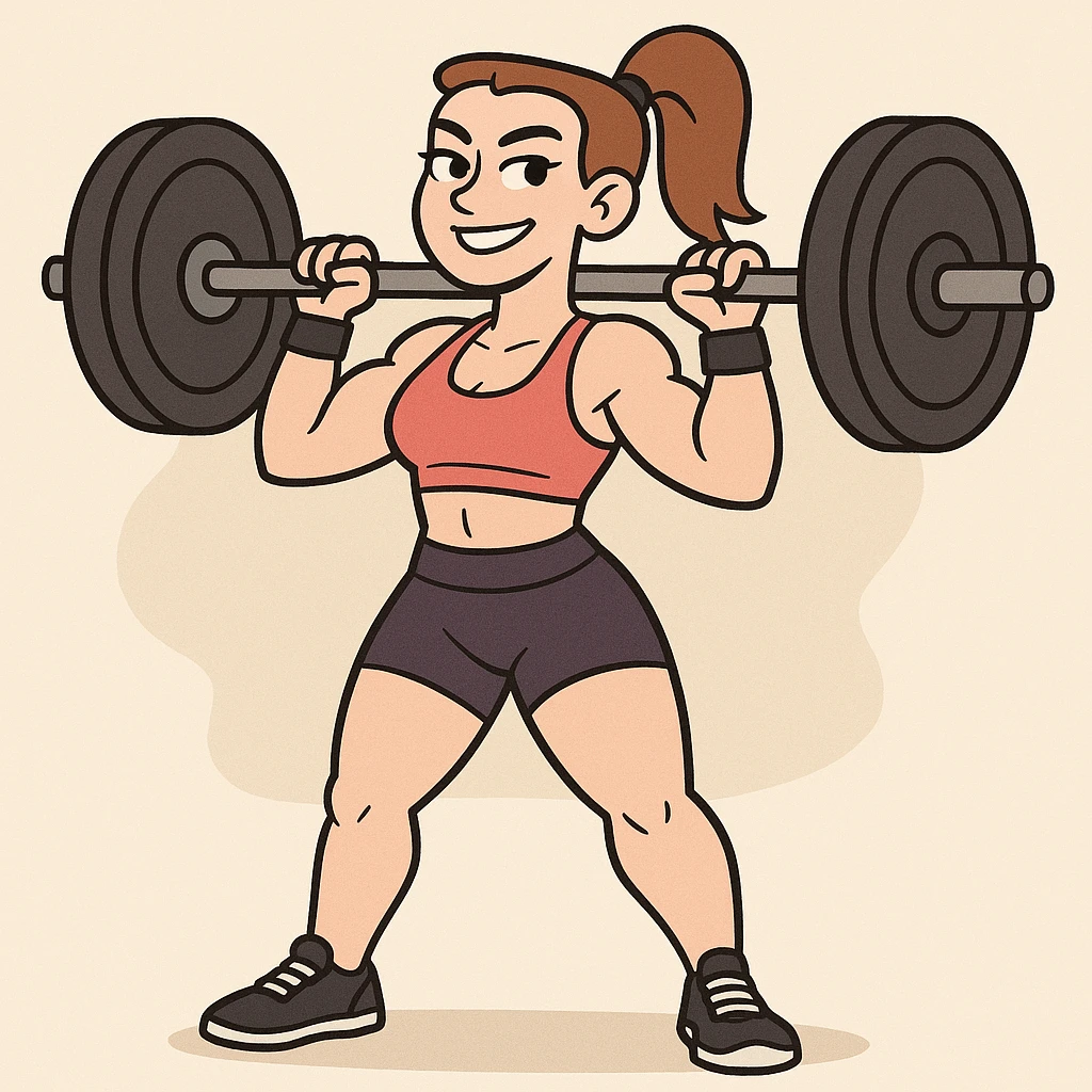 crossfit girl, lifting weights, sporty outfit, confident expression, cartoon style emoji